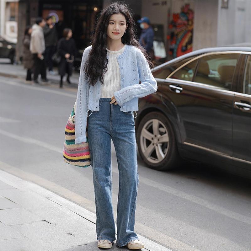 #Pregnant Women Drawstring Jeans Autumn Elastic Micro-flared Pants Outside Casual Pants Retro Blue High-waisted Trousers