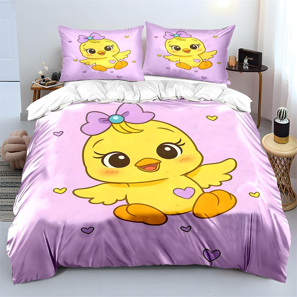 Cute yellow chick with purple bow Bedding Set for Kids Luxury Gift 3pcs Digital Print Comforter Set Soft Comfortable Breathable 135x200cm