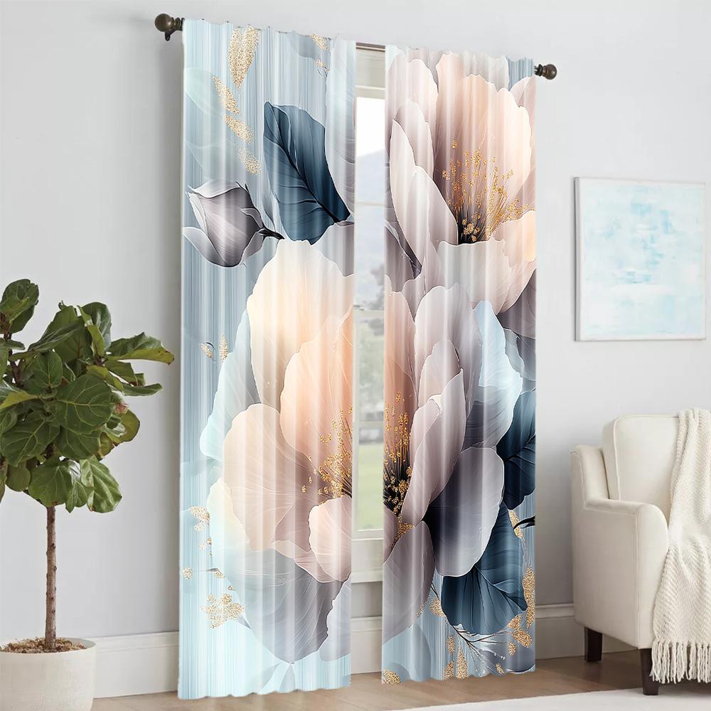 2Pcs Floral Curtains Digital Printed Plants And Flowers Polyester Classic Style Rod Pocket Artistic Home Decor For Living Room