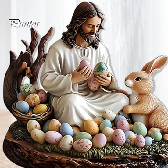 Ozdoba velikonočního zajíčka 2D plochá akrylová stolní dekorace Ježíš a králík Barevná vejce Ornament se základnou pro domácí velikonoční párty