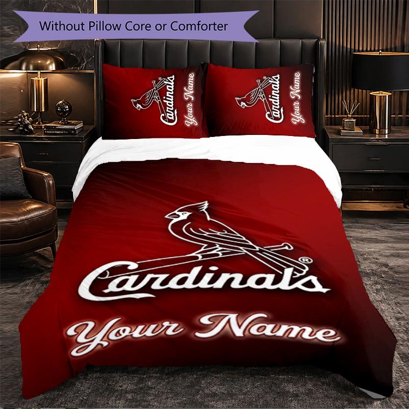St. Louis Cardinals Customized Name Text Bedding Set, 1 Duvet Cover & 2 Pillowcases Personalized Bedroom Gift