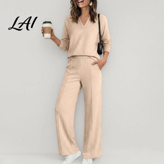 Pullover Sweatpants Set Women Sweatshirt Pants 2-Piece Set V-Neck Long Sleeve Top & Wide Lounge Sets Leg Trousers with Elastic Waist Solid