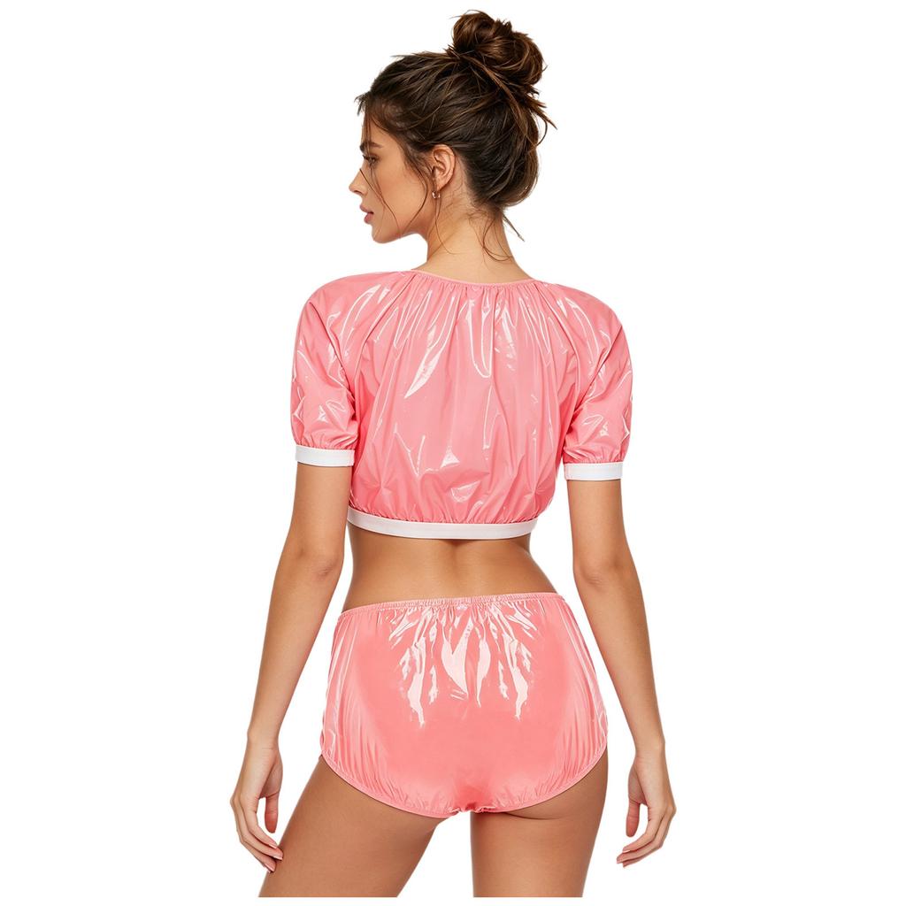 Damen Wasserdicht Vinyl Crop Top Kurzarm Klettverschluss Seiten Windelüberzug Shorts Anpassbares Badeanzug Set