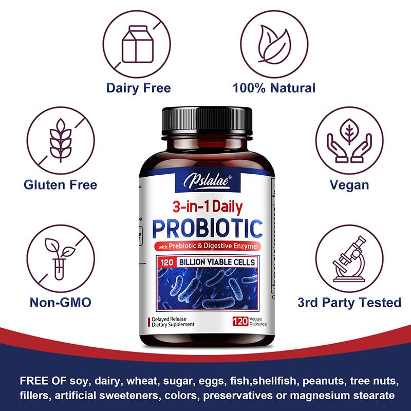 Pslalae 3-in-1 Daily Probiotic Capsules (with Prebiotics and Digestive Enzymes) – Digestive Health