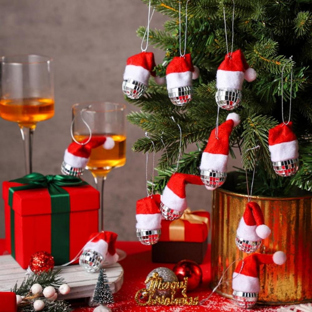 12pcs Christmas Decoration Balls Red Christmas Hat Mirror Disco Ball Pendant Xmas Tree Hanging Ornaments Home Party Decoration Gift