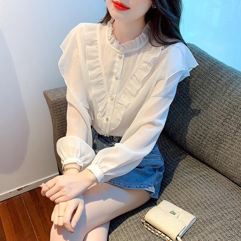 Mote Ny 2024 Høst Langermet Ståkrage Casual Kapper Chiffon Bluse Skjorte Dame Topper Bluser Skjorter J554