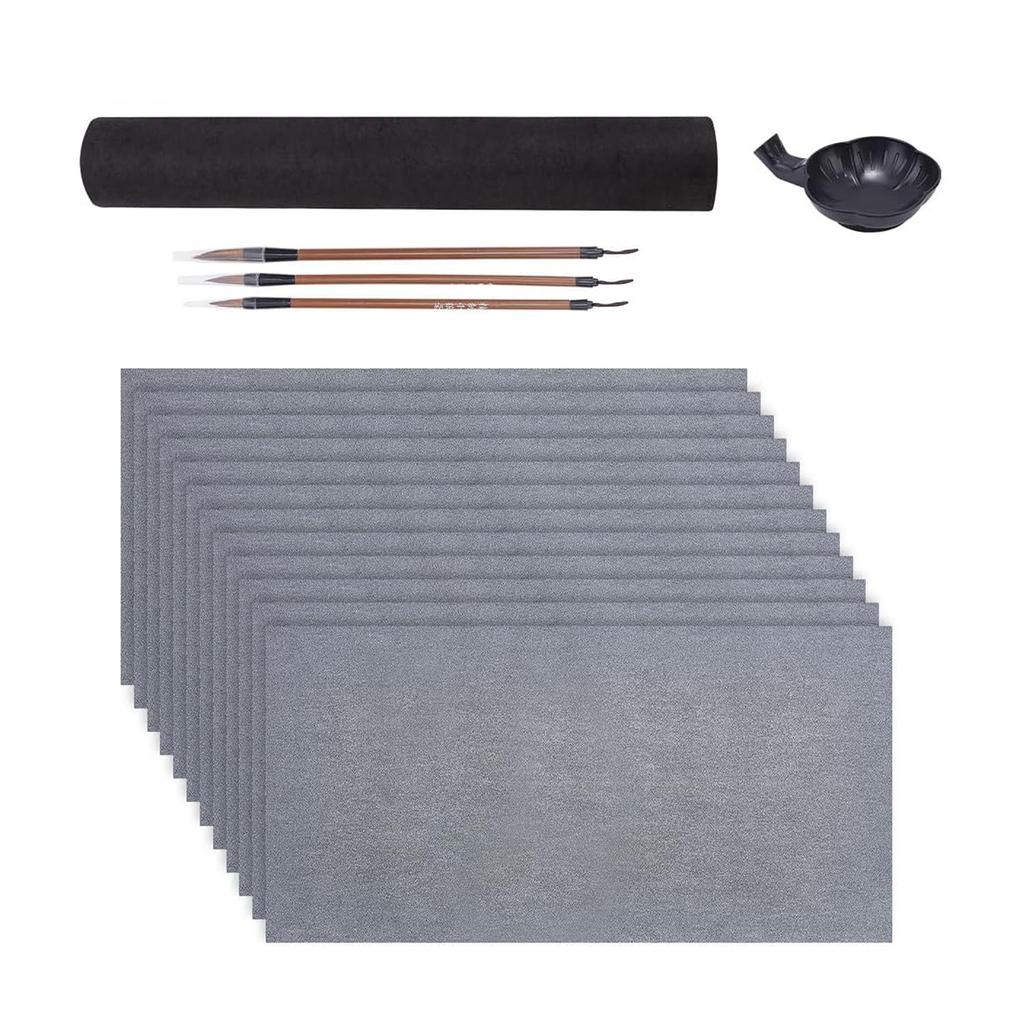 Beginner Calligraphy Set with 12 Water Writing Cloth Paper 3 Wood Handle Brush and Inks Dish for Writing Painting