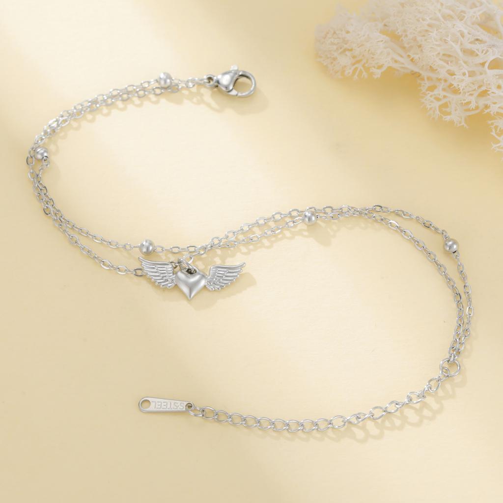 Teamer Heart Wing Charm Bracelet Stainless Steel Gold Color Adjustable Double Layer Beads Chain For Women Trendy Jewelry
