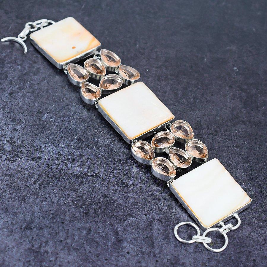 Mother Of Pearl, Morganite Gemstone 925 Sterling Silver Bracelet 7-8"