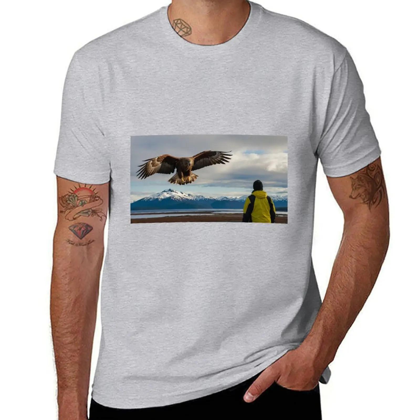Large Eagle and Human with Mountains TShirt funnys graphics customizeds blacks mens workout shirts S