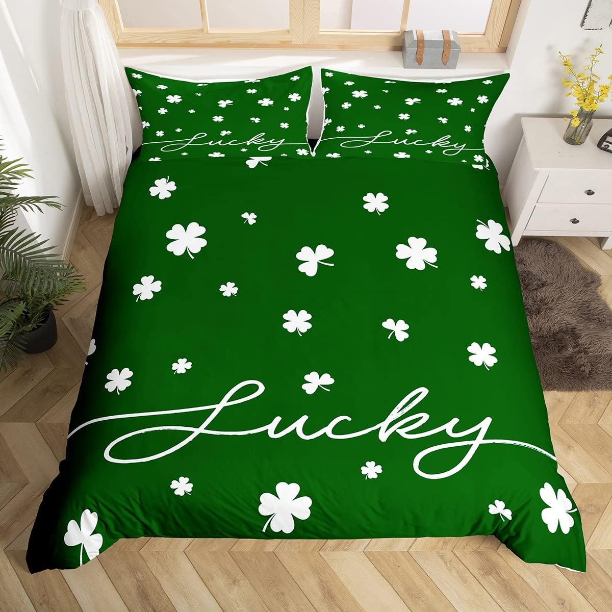 

St. Patrick S Day Duvet Cover Queen Cartoon Green Clover Leaves Quilt Cover Holiday Spring Lucky Theme Bedding Set For Dorm Room EU Single(135*200cm)3pcs