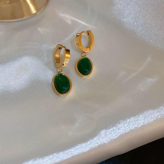 Women Jewelry Set Faux Emerald Decor Polished Snake Bone Chain Necklace Hanging Earrings Bracelet Titanium Steel Formal Occasion Party