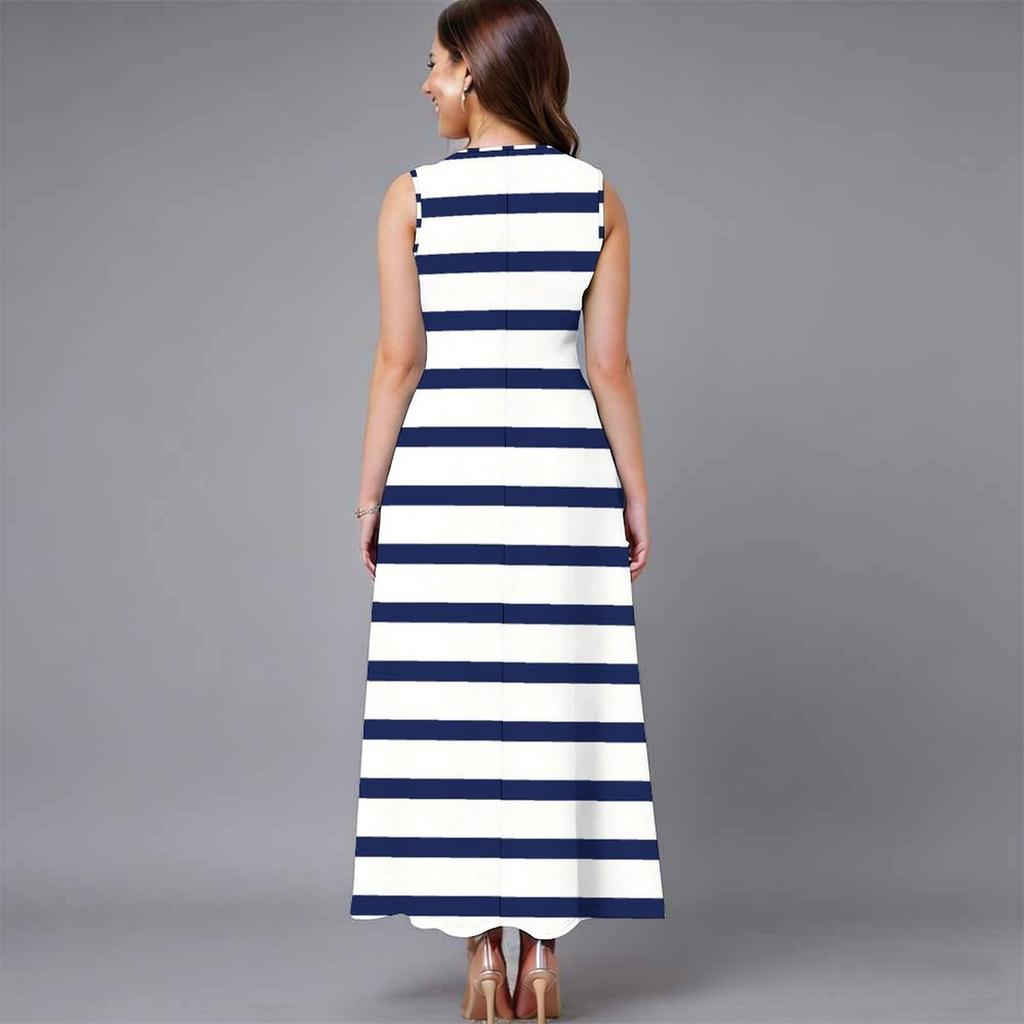 Oversized Women Sleeveless Round Neck Dress Striking Large Floral Pattern Loose Calf Length Gown