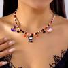 Halloween Colorful Rice Beads Chain Necklace for Women Men Black Cat Spider Bat Pumpkin Ghost Pendant Choker Clavicle Jewelry