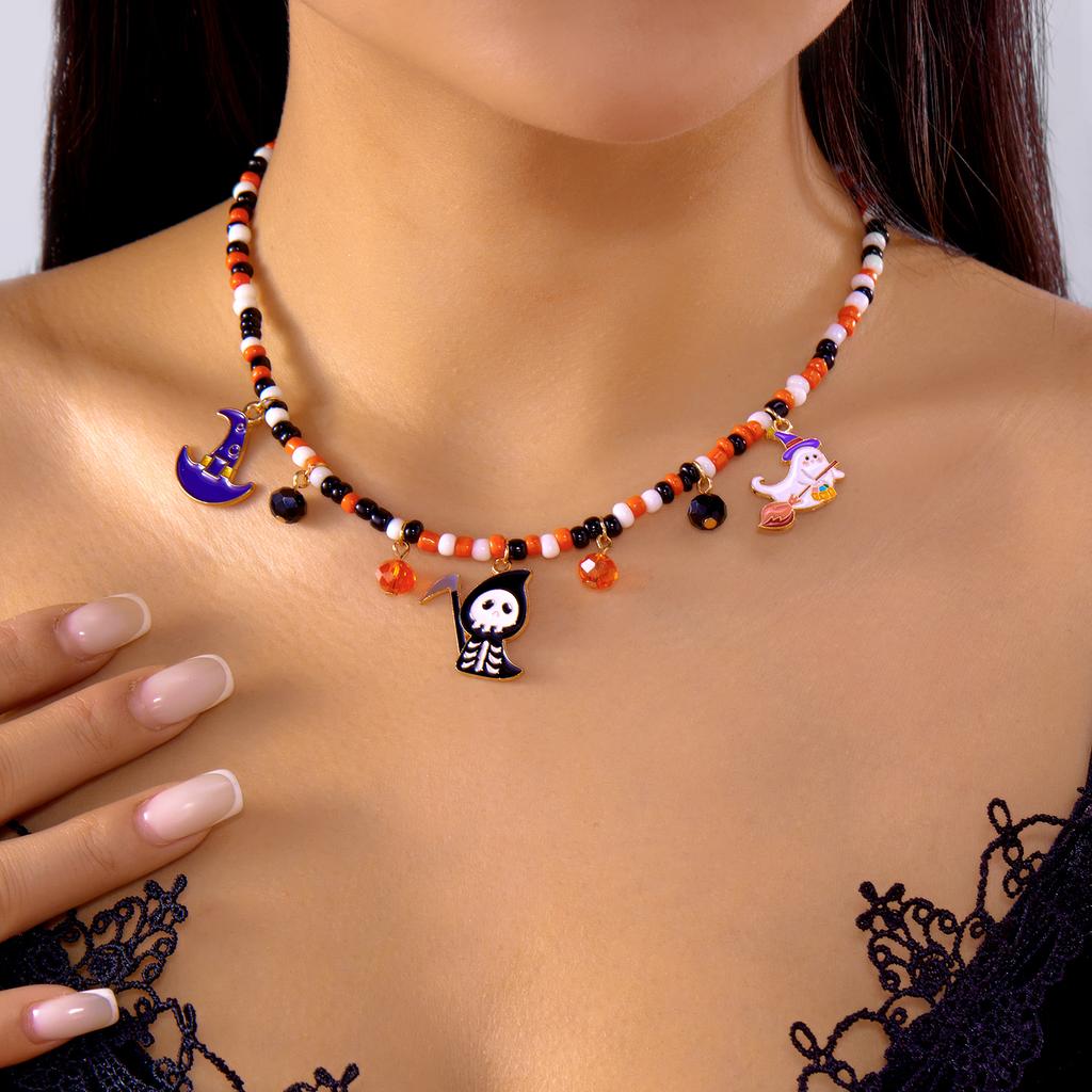 Halloween Colorful Rice Beads Chain Necklace for Women Men Black Cat Spider Bat Pumpkin Ghost Pendant Choker Clavicle Jewelry