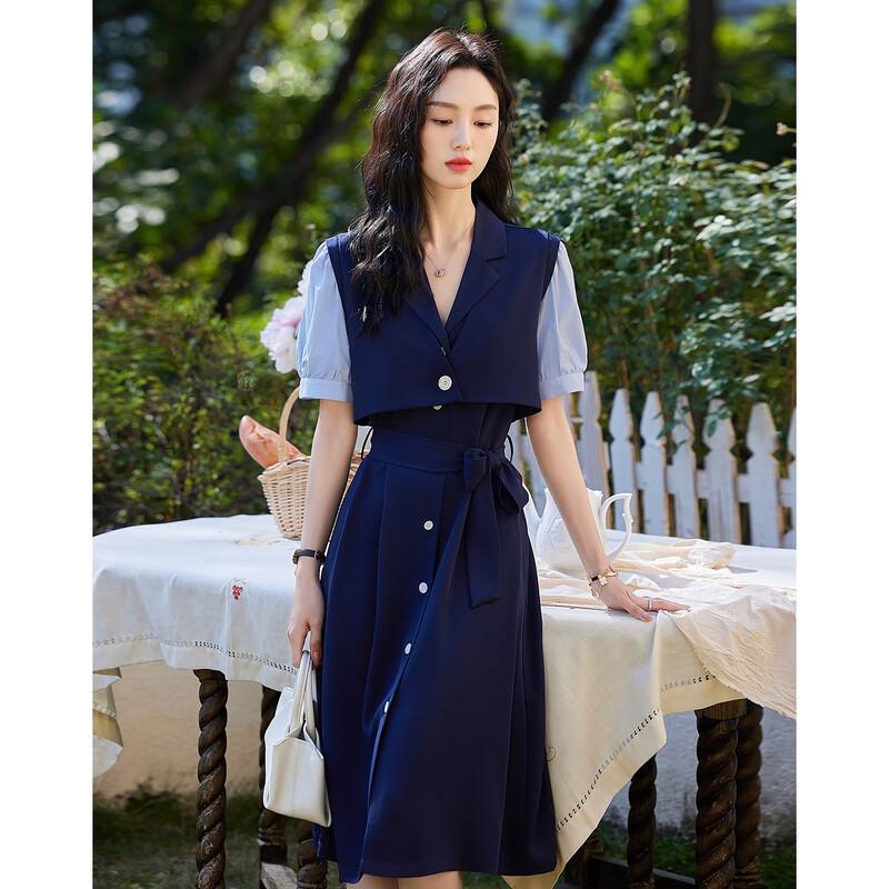 Demana Summer Color Block Tie-Waist Midi Dress