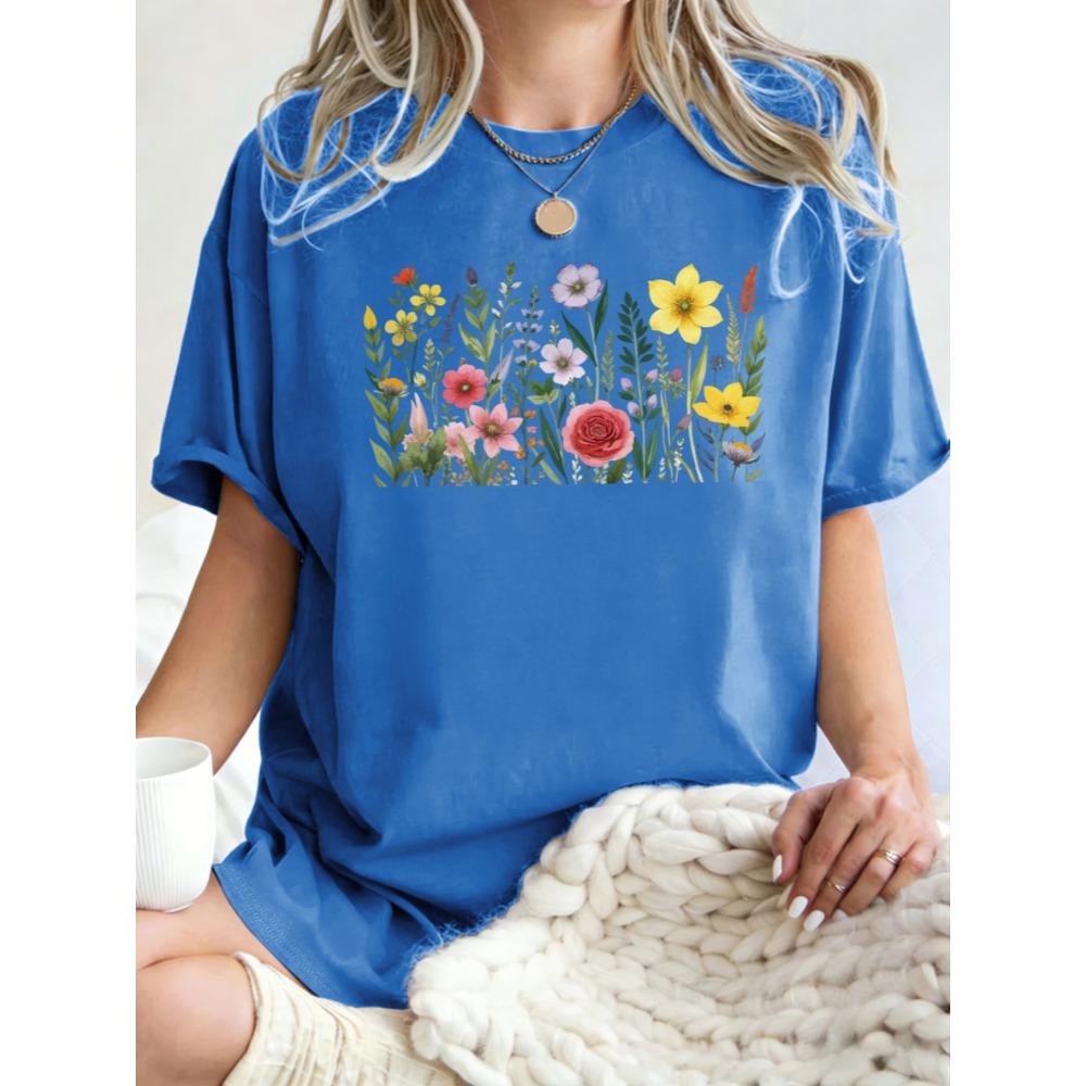 Rich Colors Simple Flowers Pattern Womens T Shirts Loose Cotton T-Shirt Summer O-Neck Short Sleeve Breathable Casual