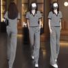 Striped Sports V-neck Splicing Suit for Women, Summer Large Size, Stylish Age-reducing Shirt, Casual Pants, Complete Set
