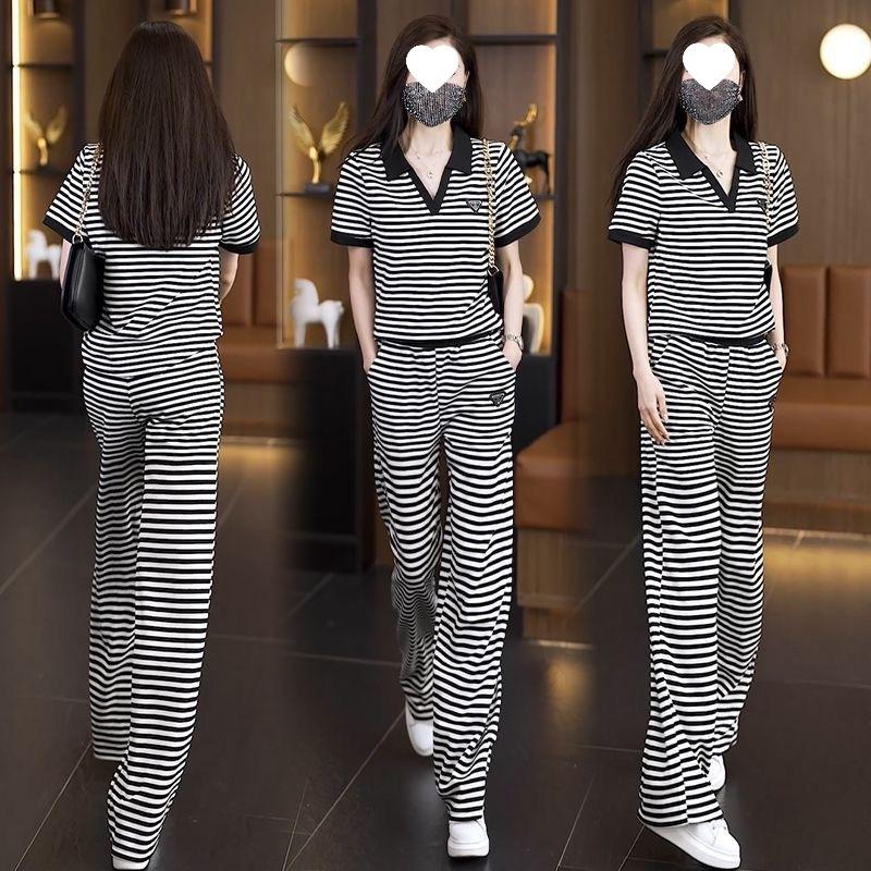 Striped Sports V-neck Splicing Suit for Women, Summer Large Size, Stylish Age-reducing Shirt, Casual Pants, Complete Set