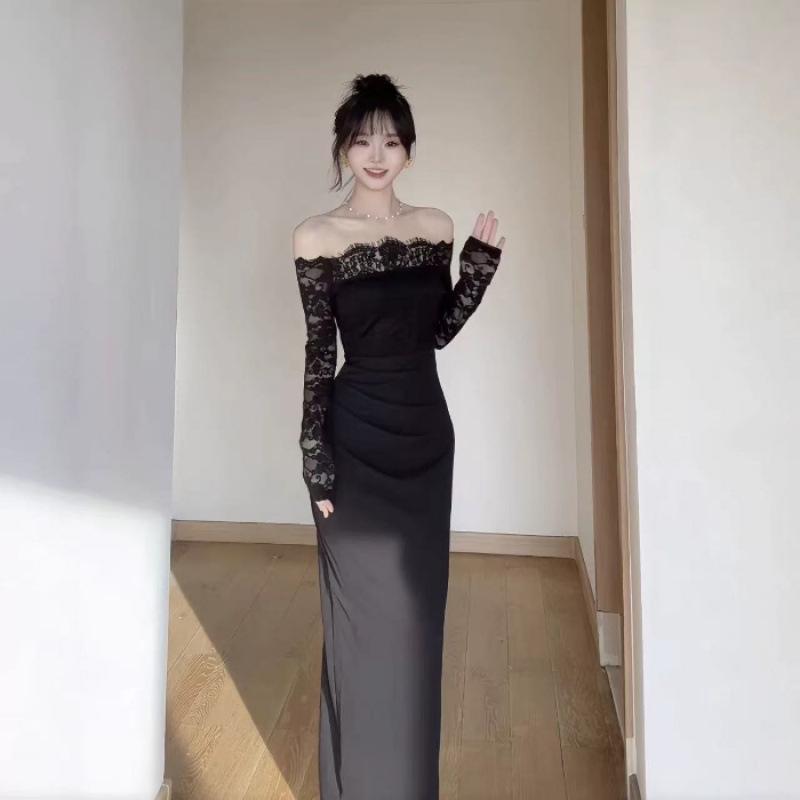 

Retro pure desire one-word shoulder lace splicing dress women s new sexy long-sleeved hip-wrapped long skirt S