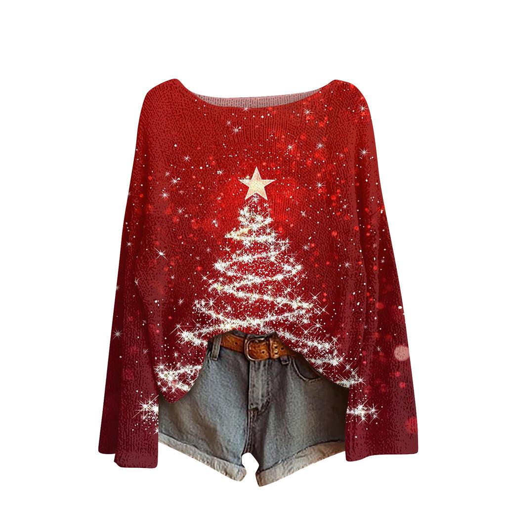 Ladies' Fashionable Casual Long Sleeved Christmas Printed Round Neck Knitted Yarn