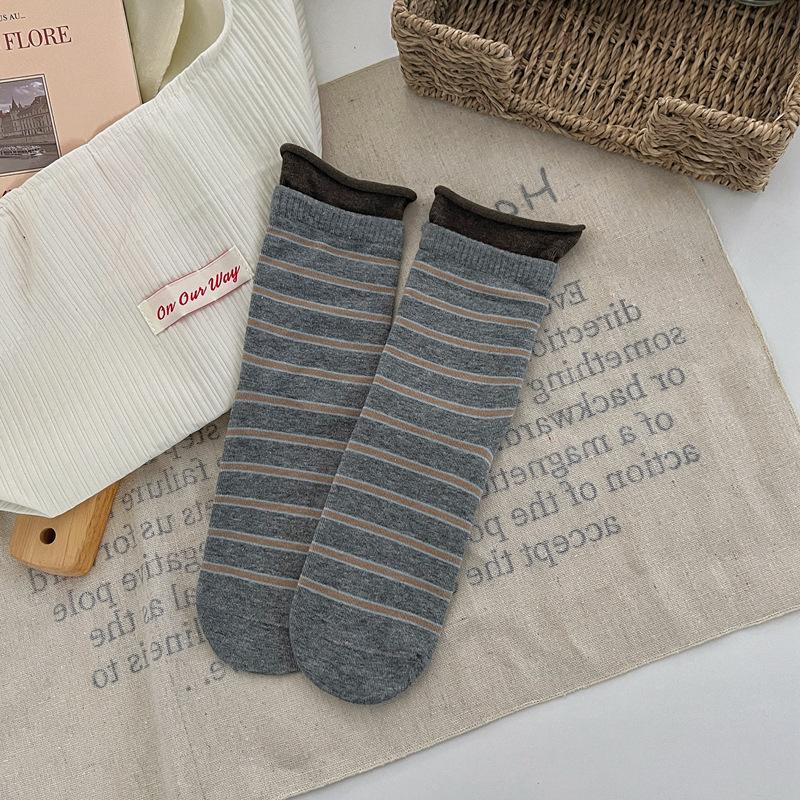 10Pair Curled-Edge Striped Socks Children S Dongdaemun Versatile Medium Tube Socks Double Luo Mouth Breathable Cotton Socks Horizontal Striped Socks One size fits all темно серый