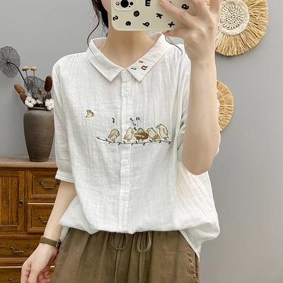 Doppellagiges Baumwollgarn Fünfviertelärmelhemd für Damen Sommer Forest Style Künstlerischer Stil Frisch Bestickt Reine Baumwolle Top Blusen & Hemden