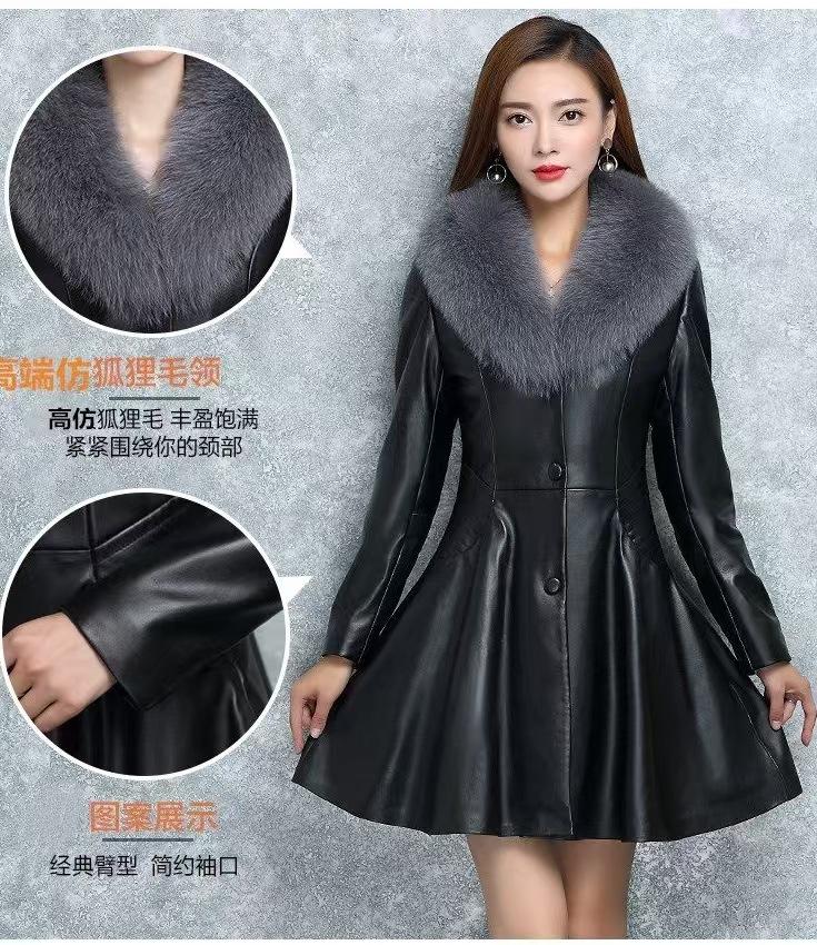 

Женская кожаная куртка с большим меховым воротником, осенне-зимняя, бархатная, средней длины, 2020, новая, приталенная M