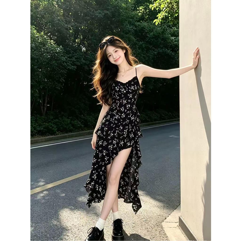 French black floral suspender dress women's summer 2026 new beautiful vacation style irregular long dress