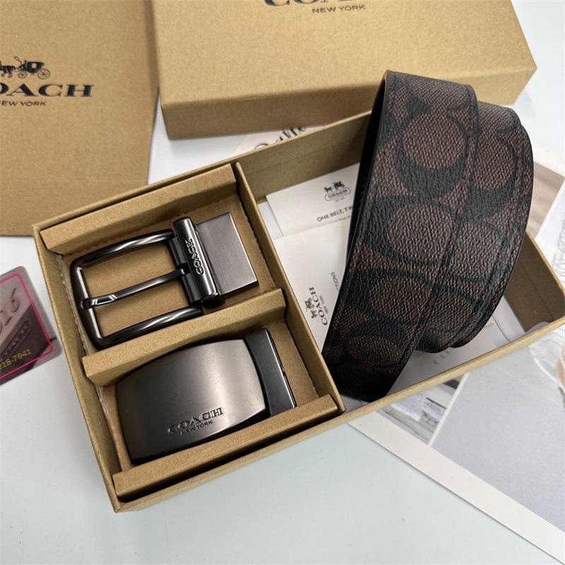 Men's Classic Double Buckle Leather Belt with C Buckle and Fabric Texture - Business Casual Trousers Accessory