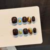 Handmade Press On Nail French Simple Blue-brown Contrasting Colors Gold Foil Post Ultra-short Square Fake Nail Patch Artificial Nail Reusable