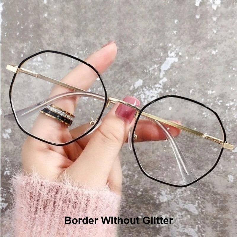 Oversize Square Plano Glasses for Women and Men Anti Blue Light Blocking Round Eyeglasses Shiny Glitter Frame Computer Eyewear