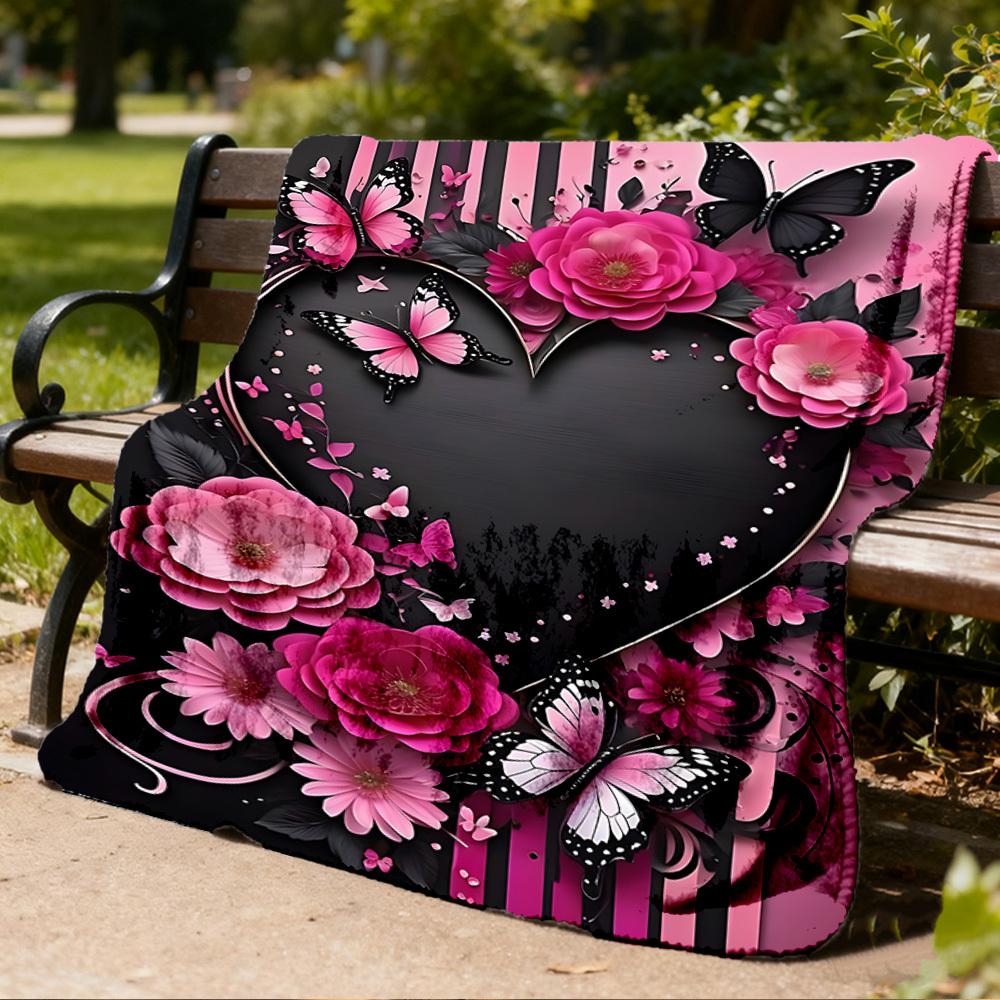 1pc Butterfly Heart Outdoor Blanket - Soft Flannel Cozy for Travel & Camping - All-Season Warm Bed Cover, Machine Washable Yy251229109