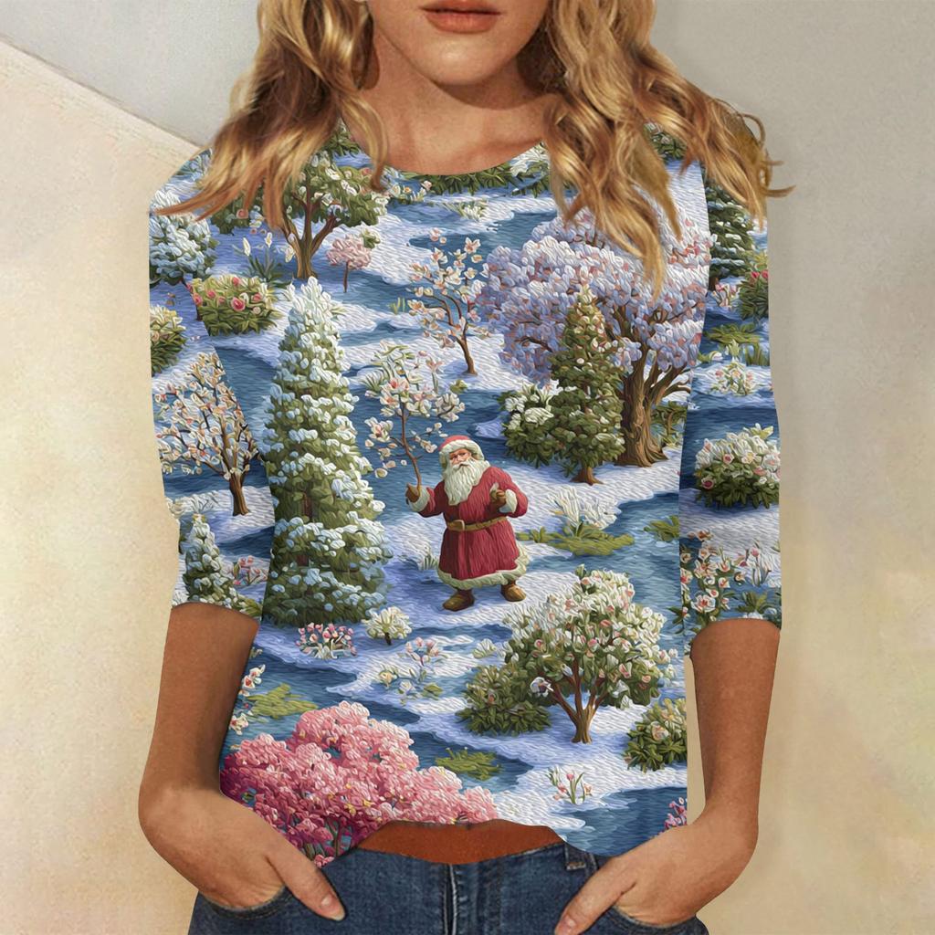 3/4 Sleeve Shirts For Women Print Christmas Tees Blouses Casual Plus Size Basic Tops Pullover