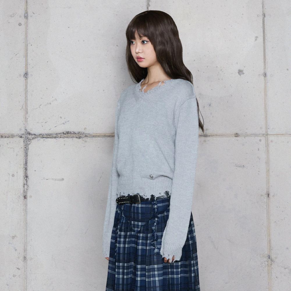 LALAFOX Destroyed V-Neck Knit Grey Br4Kl001