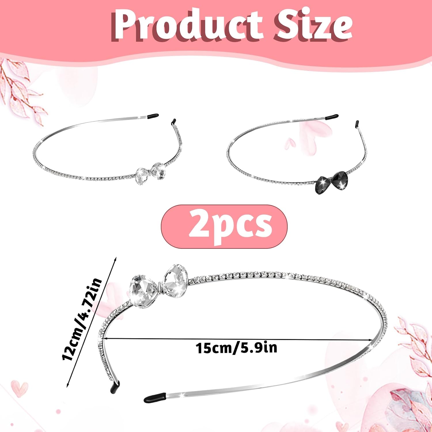 2 PCS Rhinestone Headband with Bow, Bow Rhinestone Headband Metal Bowknot Head Bands Crystal Thin Headbands Fashion Non Slip Sparkly Hair Tiara