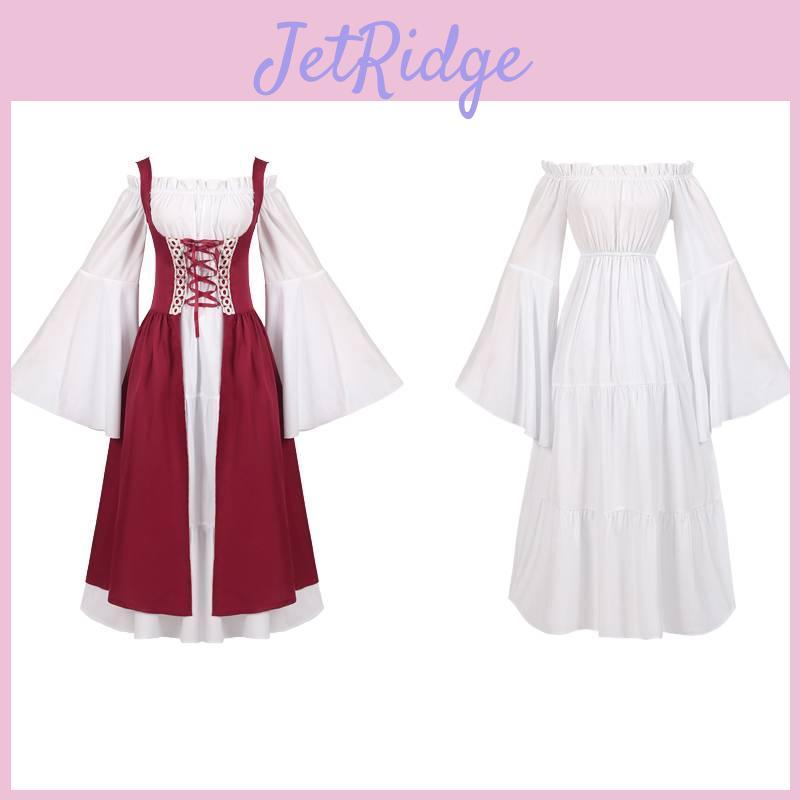 Elegantes Langes Rot-Weißes Mittelalterkleid für Damen