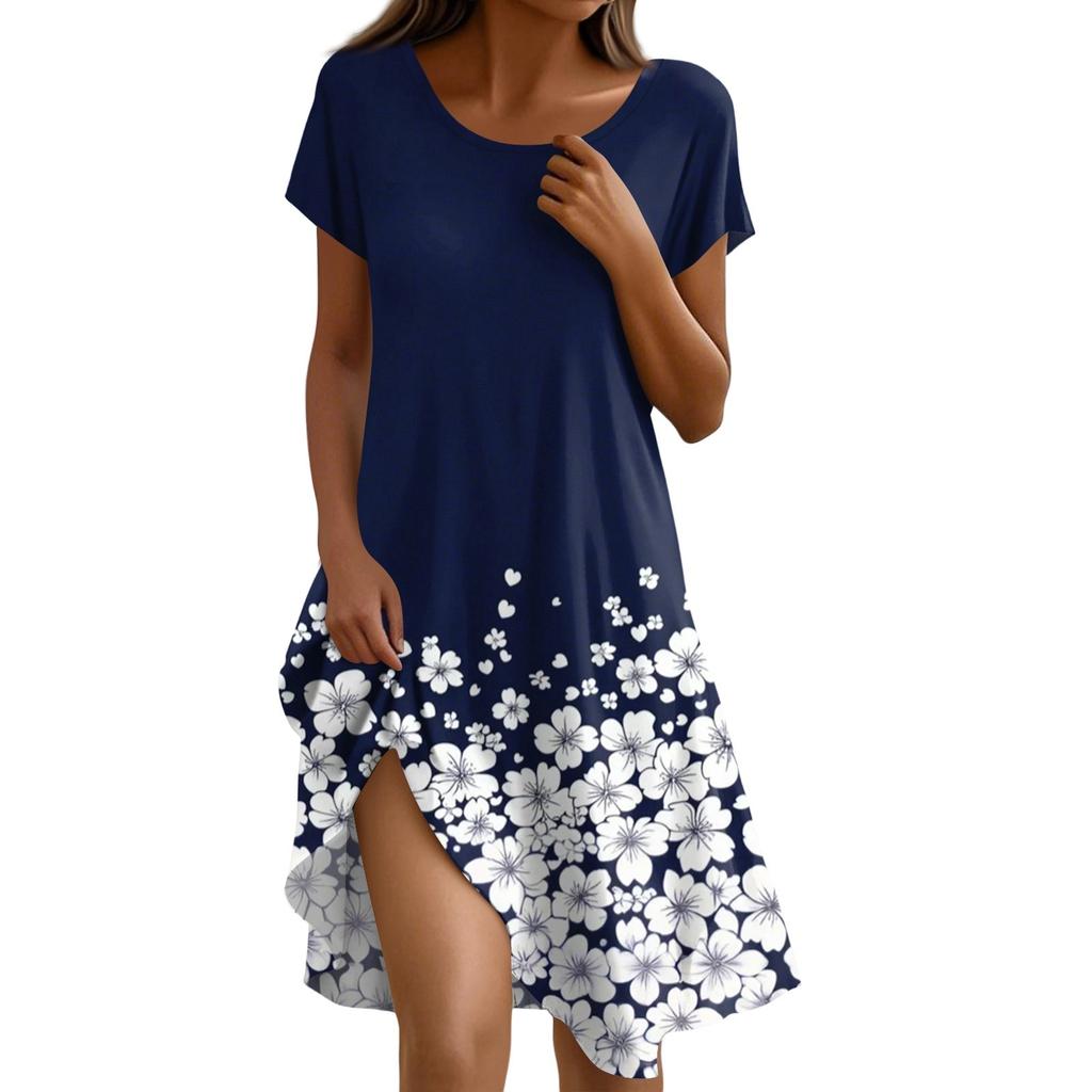 Kurzärmeliges Boho-Kleid für Damen, lässig, lockere Passform, Sommerkleid mit Print, Rundhalsausschnitt, mit Taschen