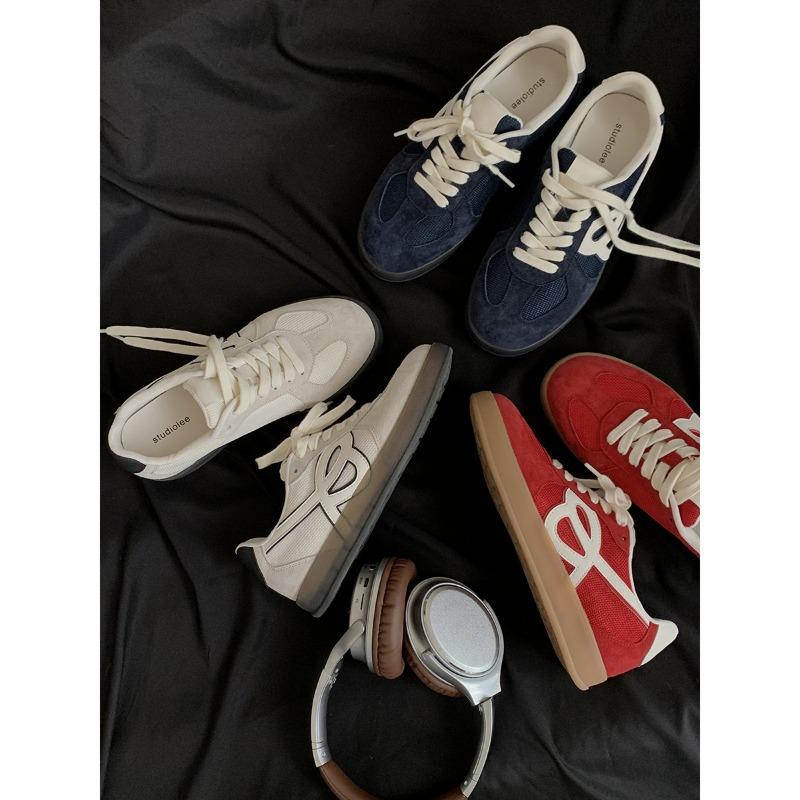 Cowhide version of color matching breathable round head lace-up thick sole heightening women's leisure sports board shoes