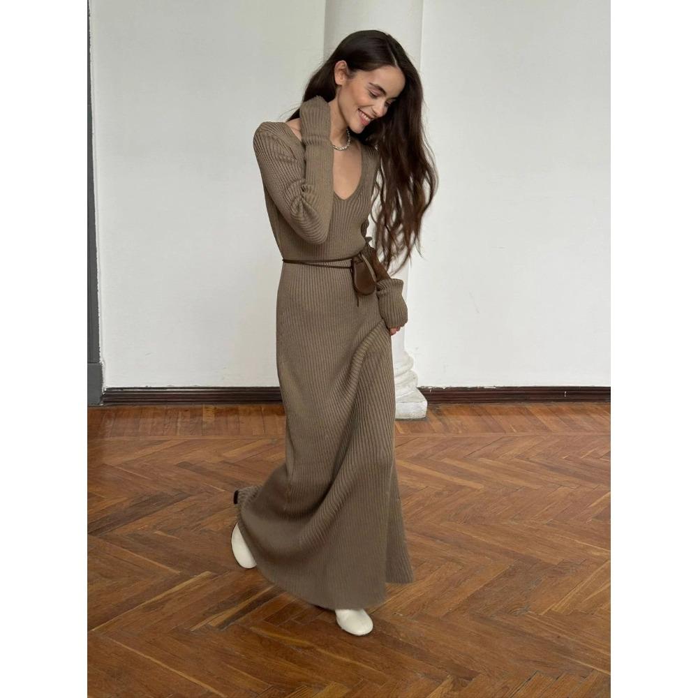 Zimní zateplené dámské pletené šaty Elegantní šaty s výstřihem do V Husté šaty s dlouhým rukávem Vintage Midi Ležérní šaty pro ženy