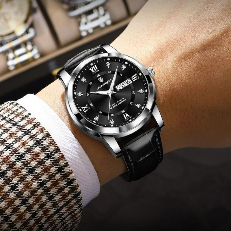 POEDAGAR Luxury Business Men Watch Waterproof Luminous Week Date Fashion Classic Man Wristwatch Leather Sports Men's Quartz Watches