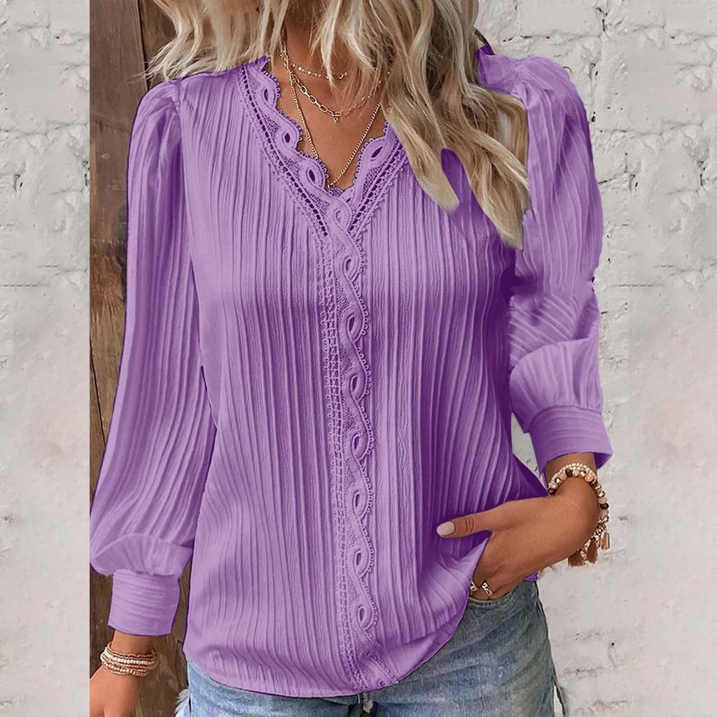 Women's Long-sleeved V-neck Lace Stitching Shirt