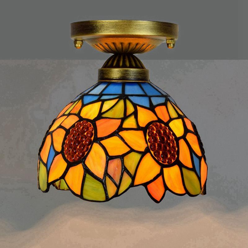 European Stained Glass Ceiling Light - Handcrafted Floral Rose Mosaic, Antique 8Inch Wide Flush Mount for Dining Room/Library