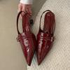 Luxury Pointed Toe Red Buckle Thin Low Heel Women Shallow Shoe New Fashion Brand Design Slingback Party Women Slope Heel Sandals