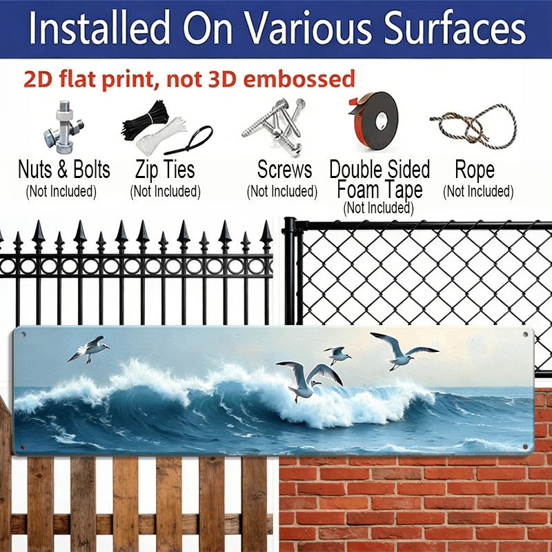 2D Flat - Sign of Seagulls Flying Over Ocean Waves - Rustic Coastal Aluminum Decorative Sign, Vintage Style 3.9X15.7 Inch, No Electricity Required