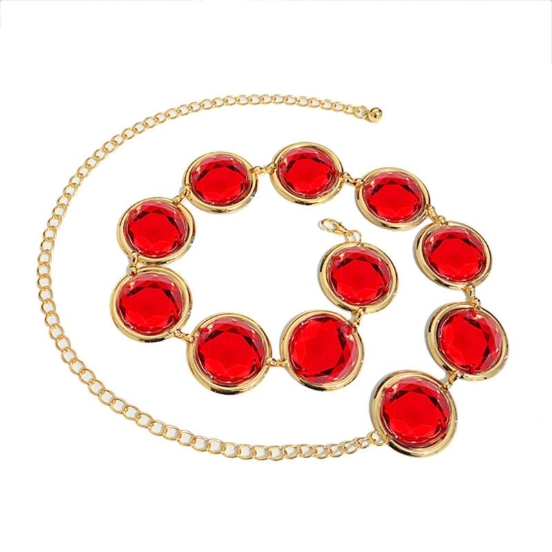 Halloween Cosplay Waist Belt Stone Chain Adjustable Tight Jeans Dress Belt Chain with Round Red Gems Party Costume