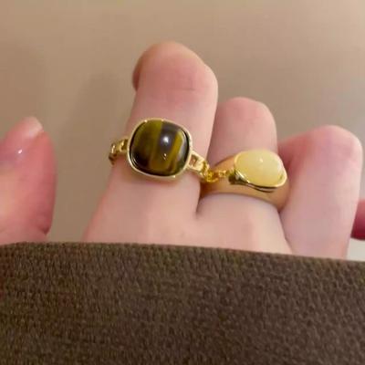 Vintage Brun Tig öga Sten Öppen Ring för Kvinnor Oregelbunden Rund Personlig Fingerring Designkänsla Smycke Gåva