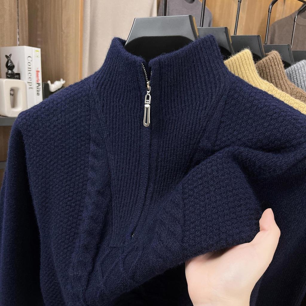 Zimní pletený svetr s půlzipem a vysokým límcem 2025 - Teplý jednobarevný svetr pro střední věk i mladé
