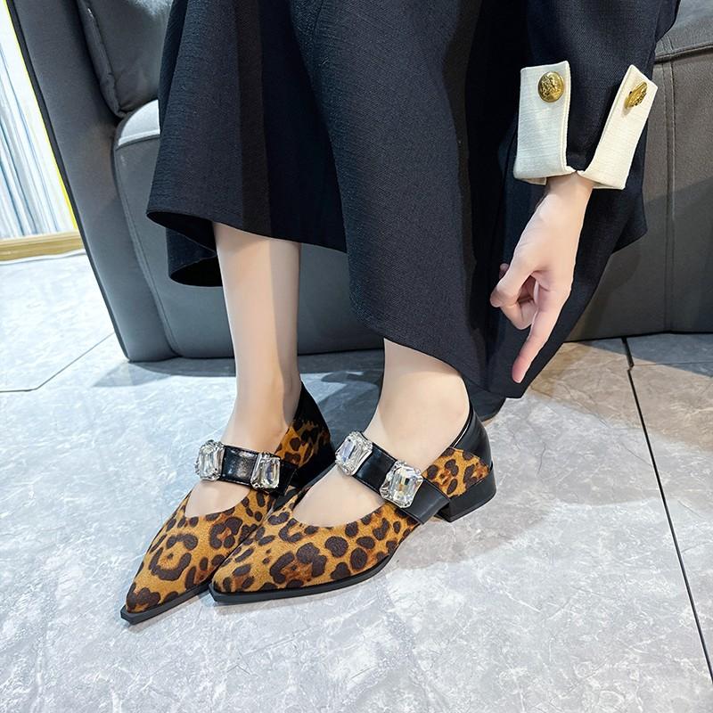 Fashion Spring New Coarse Heel Shoes Women's Fashion Pointed Shallow Mouth Suede Leopard Glitter Soft Soled Non-slip Low Top Shoes
