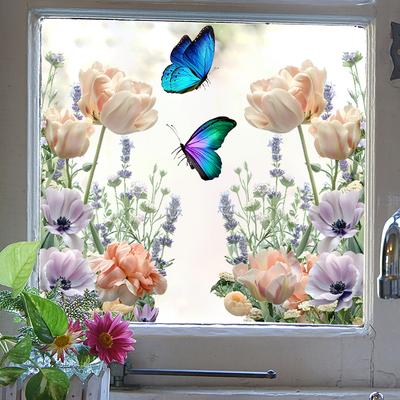 Adesivi per finestre con farfalle e fiori freschi per la decorazione della casa, autoadesivi, impermeabili e rimovibili, decorazioni murali in vetro per camera da letto e soggiorno.